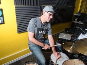 REGINA, SASK : April 4, 2018  -- Jayson Brinkworth plays a drum set at his home in Regina. BRANDON HARDER/ Regina Leader-Post