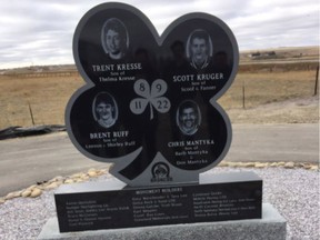 The Four Broncos Memorial, located five kilometres out of Swift Current, Sask., pays tribute to the WHL players who were killed in a bus crash. (For Steve Ewen story; Vancouver Giants photo) [PNG Merlin Archive]