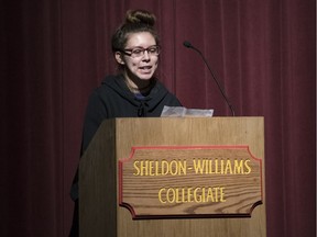 Student Brandee-Lynn Quewezance speaks to her fellow students about her experiences with domestic violence on April 23, 2018, at Sheldon-Williams Collegiate.