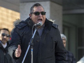 FSIN 2nd Vice-Chief David Pratt speaks during a rally for the Boushie family at the Court of Queen's Bench in Saskatoon, SK on Saturday, February 10, 2018.