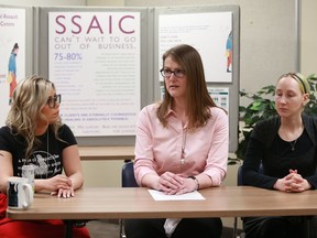 Survivors of sexual violence (from left) Kealy Cheyenne, Jennifer Zeutzius and Krista Jenke speak out during Sexual Assault Awareness Week in Saskatoon, Sask. on May 15, 2018.