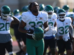 SASKATOON, SK - Saskatchewan Roughriders Jerome Messam takes a deep breath before day two of Rider training camp at Griffith's Stadium in Saskatoon, Sask. on May 21, 2018.
