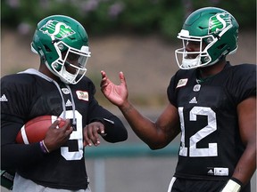 Riders backup quarterbacks David Watford (9) and Marquise Williams (12) have been busy preparing for Sunday's pre-season game against the Edmonton Eskimos.