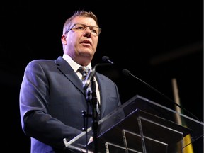 Premier Scott Moe gives his first state of the province address on May 25, 2018 at Prairieland Park in Saskatoon.