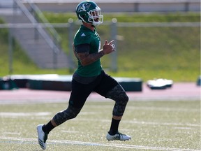 Saskatchewan Roughriders linebacker Cameron Judge runs drills during week two of Rider Training Camp at Griffiths Stadium in Saskatoon, Sask. on May 29, 2018.