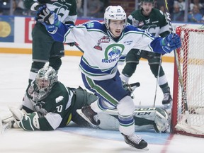 Matteo Gennaro of the Swift Current Broncos celebrates a second-period goal during Game 2 of the WHL final on Saturday.