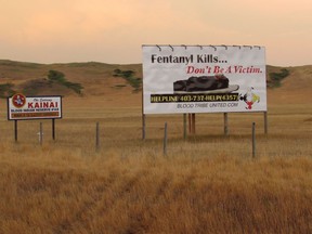 A billboard at the east end of the Blood Reserve in southern Alberta, shown on April 27, 2018, warns about the dangers of fentanyl. Fentanyl addiction has led to several deaths and overdoses.
