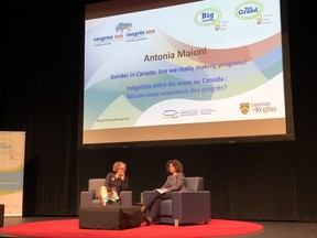 Antonia Maioni (right), dean of arts at McGill University, speaks at Congress 2018 at the University of Regina on Tuesday, May 29, 2018. Sonia Vani (left) led with discussion questions.