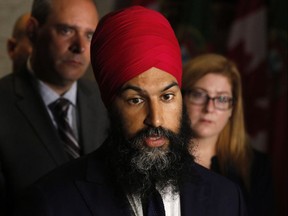 NDP Leader Jagmeet Singh speaks about the harassment allegations against Saskatchewan MP Erin Weir outside the House of Commons on Parliament Hill in Ottawa on Thursday, May 3, 2018.
