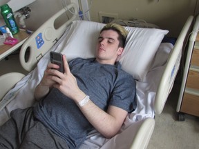 Former Humboldt Broncos player Ryan Straschnitzki takes a break after rehab at Foothills Hospital in Calgary in this photo taken Thursday, May 18, 2018. He was paralayzed from the chest down following an April bus crash in Saskatchewan.