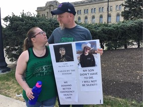 Kirsten and Todd Guggenmos from Fort Qu'Appelle were among those at the Legislative Building on Friday to pay tribute to Kye Ball and their son, Lane, who died by suicide.