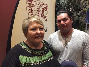 Vice-Chief Heather Bear of the Federation of Sovereign Indigenous Nations with hunter Kristjan Pierone, May 23, 2018 (Betty Ann Adam photo)