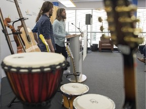 Saskatchewan natives and Juno-Award winning band, The Sheepdogs, spoke about the Sun Life Financial Musical Instrument Lending Library program at the main branch of the Regina Public Library.