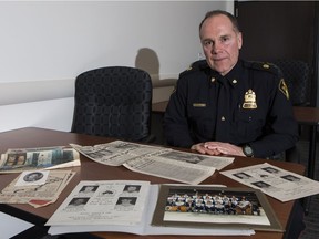 Swift Current Broncos- Insp. Patrick Nogier, a former Humboldt Bronco goalie and a Swift Current Broncos bus crash survivor from 1986, still has memorabilia from the Swift Current crash, displayed here at the Saskatoon Police station in Saskatoon on Thursday, May 10, 2018.