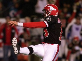Mark McLoughlin, shown kicking the Grey Cup-winning field goal for the Calgary Stampeders in the 1998 Grey Cup game, has joined the University of Regina Rams' coaching staff.