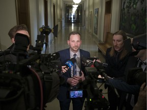 REGINA, SASK :  March 12, 2018  --  NDP leader Ryan Meili speaks with reporters outside his office at the Legislative Building in Regina. TROY FLEECE/ Regina Leader-Post