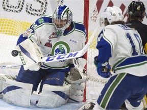 Swift Current Broncos goalie Stuart Skinner makes one of his 54 saves in Memorial Cup action on Monday versus the Hamilton Bulldogs.
