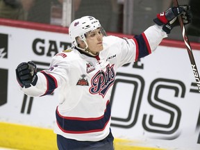 The Regina Pats' Bryce Platt celebrates a goal against the Swift Current Broncos in Wednesday's preliminary-round finale at the Memorial Cup.