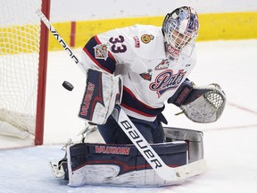 Regina Pats goalie Max Paddock makes a blocker save in the Memorial Cup final agains the Acadie-Bathurst Titan on Sunday.