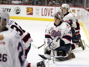 Host Regina Pats goalie Max Paddock (33)) reacts after losing the final game of the 100th anniversary of the Memorial Cup at the Brandt Centre in Regina.  QMJHL Acadie-Bathurst Titan beat the Host Regina Pats 3-0.