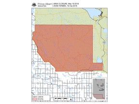 A map supplied by Parks Canada on May 19, 2018, shows the area of Prince Albert National Park that is closed due to the Rabbit Creek wildfire.