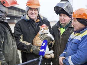 Mostik, whose name translates to bridge, poses with construction workers.