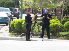 Regina Police Services officers operate a speed trap on the corner of University Park Drive and Brodie Bay.