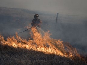Lumsden Volunteer Firefighters along with many local residents and businesses all pitch in fighting a grass fire near Lumsden.