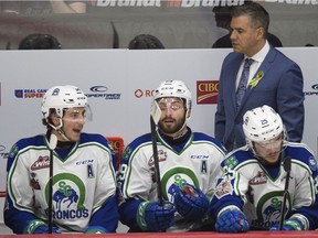 Swift Current Broncos head coach Manny Viveiros on the bench during Monday's Memorial Cup game against the Hamilton Bulldogs.