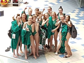 Members of the Saskatchewan under-19 women's water polo team celebrate a gold medal at the National Championship League finals Saturday in Montreal.