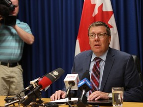 Premier Scott Moe discusses equalization at a press conference at the cabinet offices in Saskatoon.