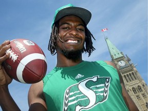 Saskatchewan wide receiver and defensive back Duron Carter had a ball while practising on Parliament Hill on Wednesday,