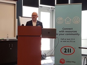 Shaun Dyer, CEO of United Way Saskatoon and Area, speaks at the launch for the 211 Saskatchewan service expansion to phone, text, and online chat in Saskatoon, Sask. on Wednesday, June 13, 2018.