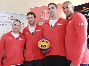 Michael Linklater, from left, Steve Sir, Michael Lieffers and Nolan Brudehl, formerly Team Saskatoon, were named as Team Canada in March to play at the 2018 FIBA 3x3 World Cup in Manila. Brudehl, who is injured, has been replaced by Jermaine Bucknor