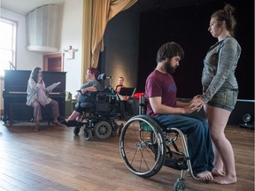 John Loeppky and Maria Doyle (foreground) rehearse for Mine To Have: Sensuality and Circumstances at The Artesian, with director Traci Foster (left) and actor Nicole Bear (centre-right) in the background.