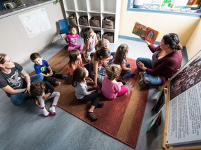 Larissa Anderson, right, director of children's services for Circle Project Children's Centre, reads to children who are part of the program at the Circle Project facility on Pasqua Street.