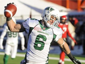 Rob Bagg has figured in many great moments with the Saskatchewan Roughriders, such as this touchdown that helped his team win the 2013 West Division final in Calgary.