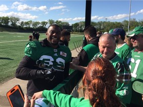 Saskatchewan Roughriders defensive end Charleston Hughes during the team's Green and White Day on Saturday in Saskatoon. Murray McCormick/Leader-Post.