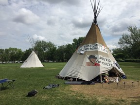 The original Justice for Our Stolen Children teepee in the foreground, with the new File Hills Qu'Appelle Tribal Council teepee behind.