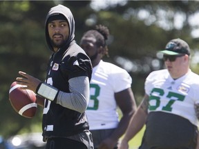 HUMBOLDT,SK--JUNE  03 0602-NEWS-RIDERS CAMP-QB Brandon Bridge looks to throw the ball during a Saskatchewan Roughrider practice and autograph session at Glen Hall Park in Humboldt, SK on Sunday, June 3, 2018.