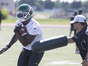 Riders running back Jerome Messam has been busy in training camp preparing for Friday's game at Mosaic Stadium against the Calgary Stampeders. works on his running back drills during the Riders' training camp.