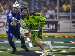 Saskatchewan's Jeremy Thompson keeps his eye on the ball during a Game 1 win over Jake Withers and the Rochester Knighthawks.