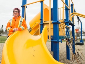 Charmaine Neufeld, Manager of parks maintenance for the City of Regina, stands next to a play structure in McNab Park on 11th Avenue.