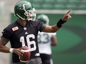 Saskatchewan Roughriders quarterback Brandon Bridge directs traffic during Tuesday's practice.