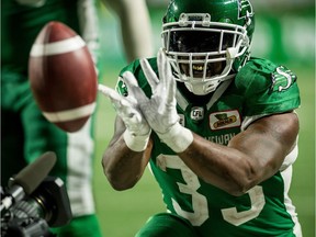 Saskatchewan's Jerome Messam celebrates after a run during Friday's 27-19 win over the Argonauts.