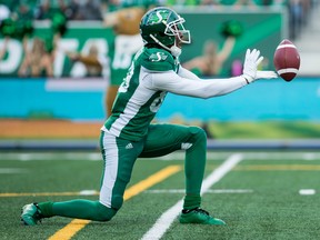 Duron Carter of the Saskatchewan Roughriders, shown celebrating a first down during Friday's 27-19 victory over the Toronto Argonauts, is expected to be used exclusively at cornerback during Thursday's road game against the Ottawa Redblacks.