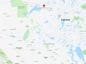 Two men from Uranium City were rescued after travelling more than 500 kilometres by boat in northern Saskatchewan. (Google Maps/Screenshot)