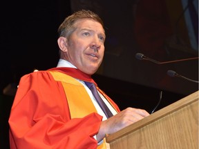 Sheldon Kennedy addresses those gathered at the Conexus Arts Centre for the University of Regina convocation exercises after receiving an honorary degree. RAE GRAHAM/Courtesy University of Regina