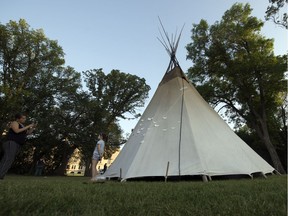 Days after being taken down, the teepee at the Justice for our Stolen Children camp has been erected again in Wascana Centre on the same spot it stood before in Regina.