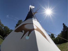 A fisheye lens shows day 120 of the Justice for Our Stolen Children protest camp in Wascana Centre in Regina.